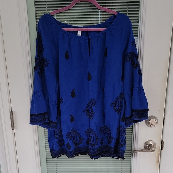 Charter Club Tops - Charter Club Cobalt Blue & Black Embroidery Flutter Sleeve Linen Shirt Sz XL